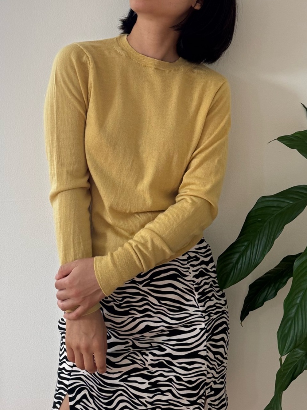 Muji 100% Wool Crewneck Basic Yellow Long Sleeve Sweater Lightweight Size Small